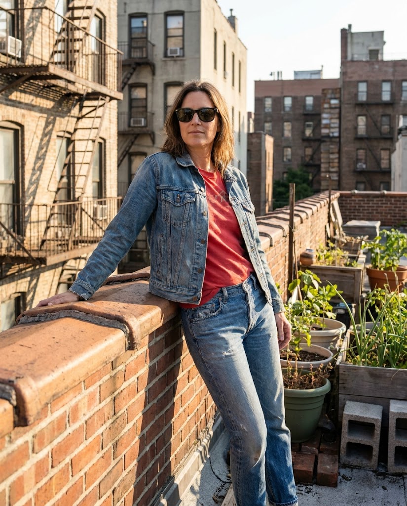 Model wearing vintage-inspired denim on a sunny rooftop