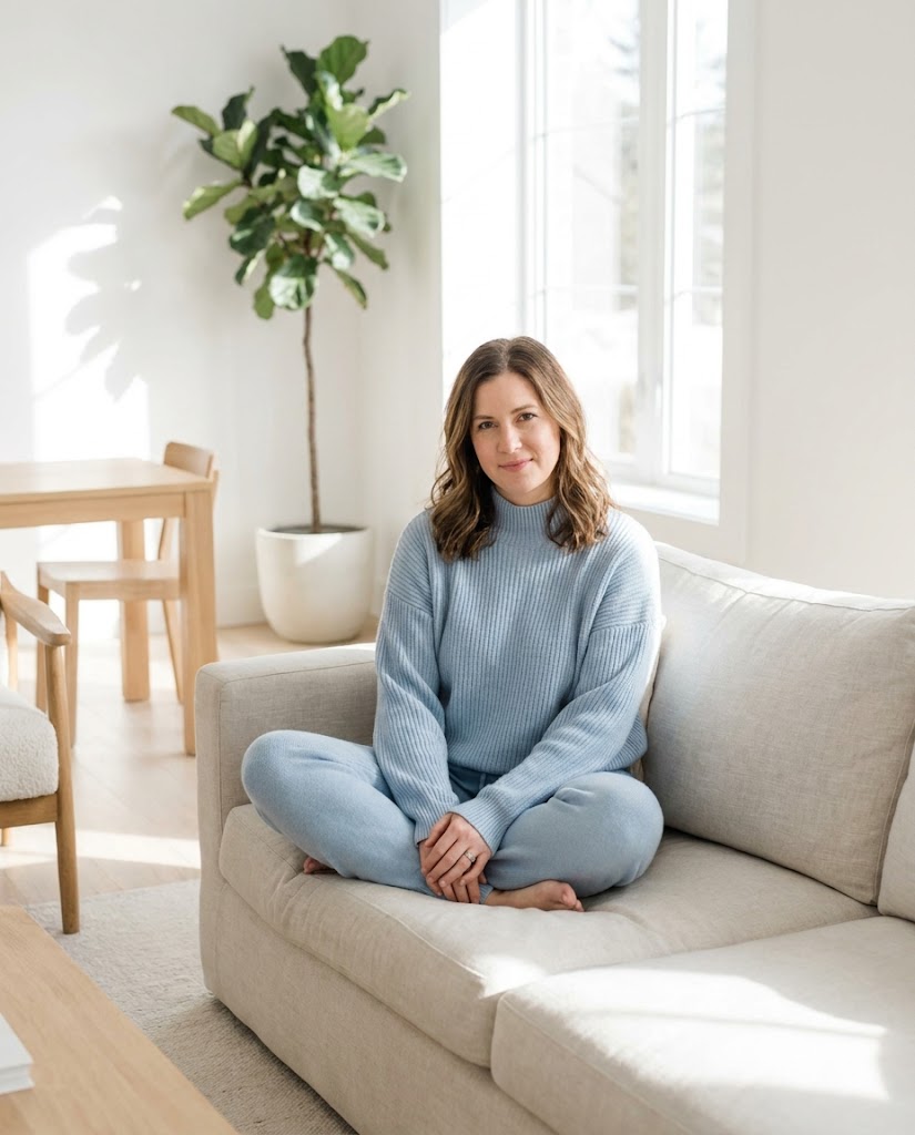 Model wearing a pale knit set in a bright room